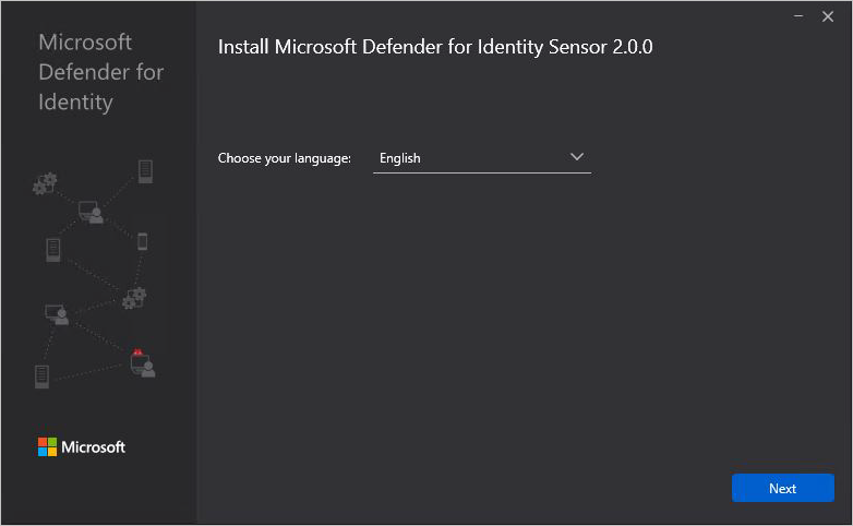 Defender for Identity スタンドアロン センサーインストール言語の選択を示すスクリーンショット。