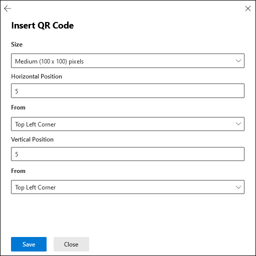 新しいペイロード作成ウィザードの [ペイロードの構成] ページの [QR コードの挿入] ポップアップ。