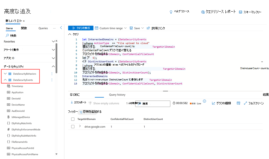 インサイダー リスクの動作とイベントに関連するテーブルを使用したクエリを示す高度なハンティング ページ。