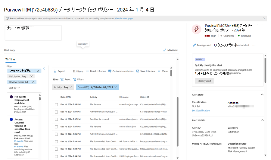 Microsoft Purview インサイダー リスク管理からのインサイダー リスク アラートのサンプル。