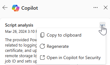 Copilot スクリプト分析カードの [その他のアクション] オプションを示すスクリーンショット。