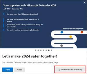 ダウンロードの概要オプションが強調表示されている Defender Boxed スライドのスクリーンショット。