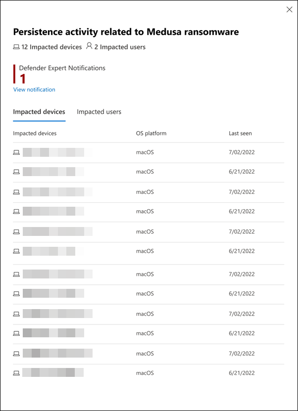 検出された疑わしいアクティビティの影響を受けるデバイスの一覧を表示するポップアップ パネルのスクリーンショット。