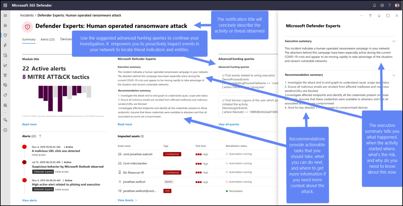 Microsoft Defender XDR の Defender エキスパート通知のスクリーンショット。Defender エキスパート通知には、監視された脅威またはアクティビティ、エグゼクティブの概要、推奨事項の一覧を説明するタイトルが含まれています。