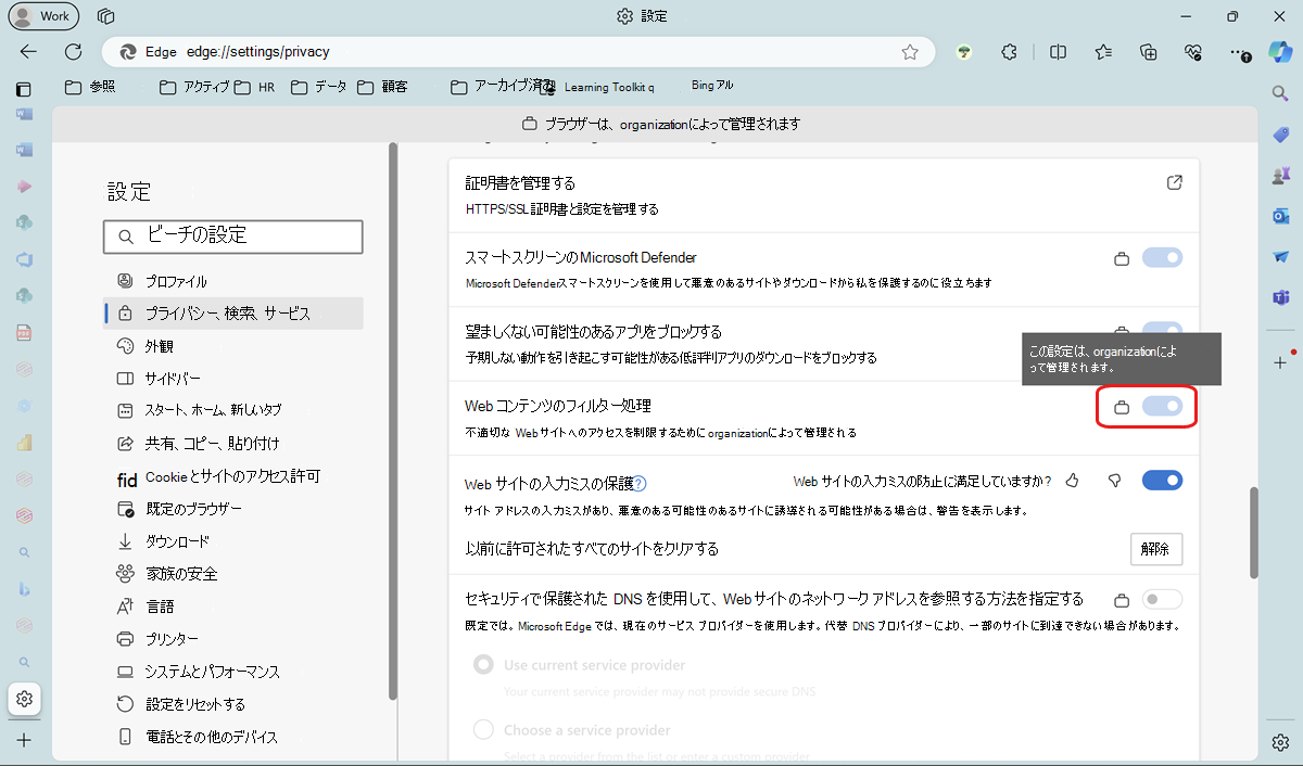 [Edge Settings]\(エッジ設定\) で Web コンテンツ のフィルター処理を確認します。