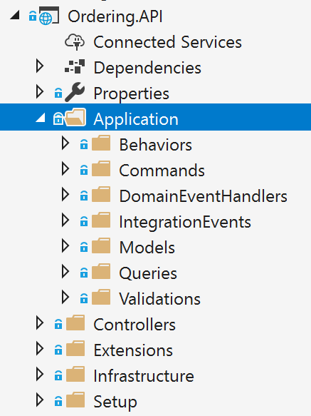 ソリューション エクスプローラーでの Ordering.API マイクロサービスのスクリーンショット。