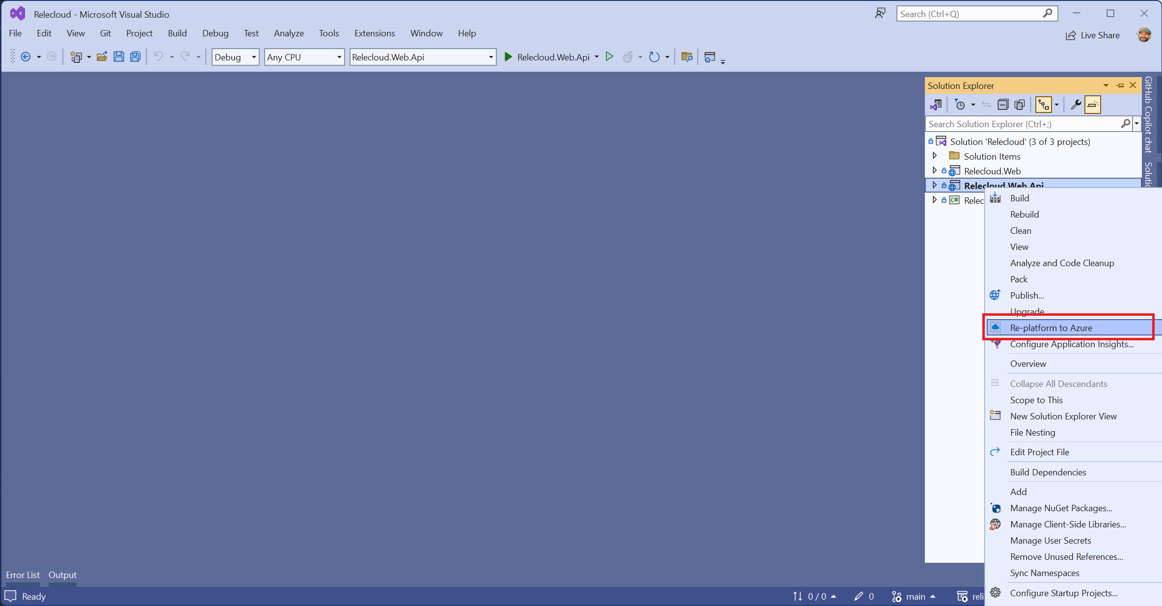 Screenshot of the re-platform to Azure menu item in Visual Studio