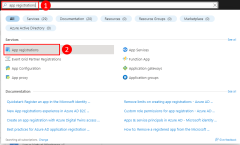 Azure portal の上部の検索バーを使用して、[アプリの登録] ページを検索してそこに移動する方法を示すスクリーンショット。