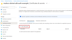 証明書とシークレット ページで新しいクライアント シークレットを作成するために使用するリンクの場所を示すスクリーンショット。