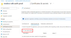 証明書とシークレット ページで新しいクライアント シークレットを作成するために使用するリンクの場所を示すスクリーンショット。