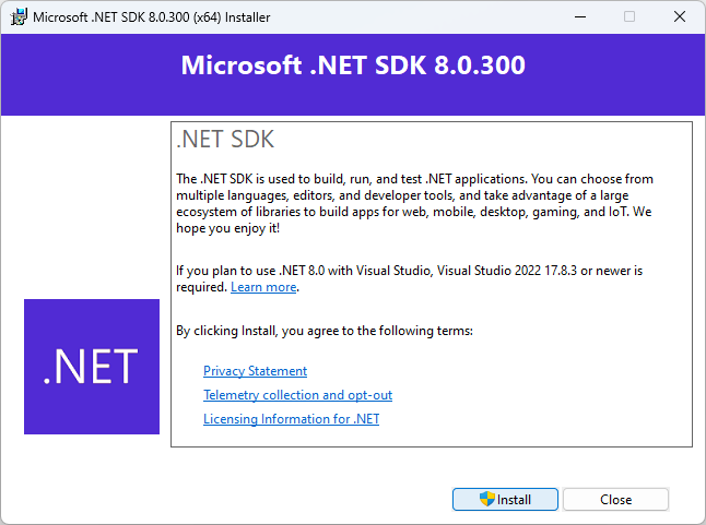 .NET インストーラー アプリ ウィンドウのスクリーンショット。