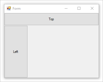 左側と上部にボタンがドッキングされ、上部の方が大きい Windows フォーム。