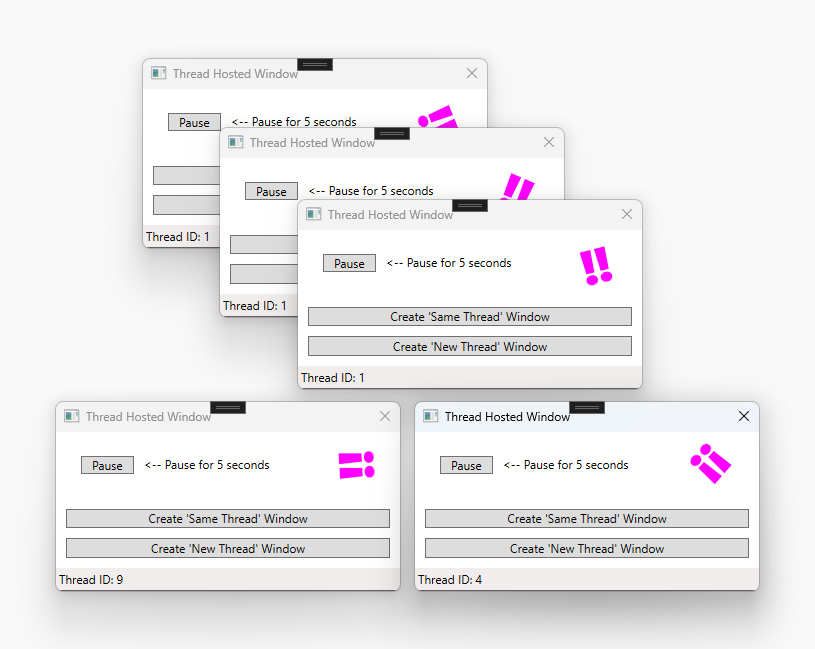 4 回複製された WPF ウィンドウのスクリーンショット。3 つのウィンドウは同じスレッドを使用していることがわかりますが、他の 2 つのウィンドウは異なるスレッド上にあります。