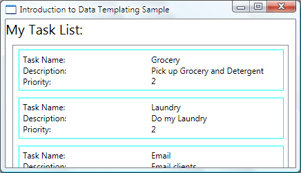 画面が水平方向に収まるように引き伸ばされた [My Task List ListBox] が表示されている [Introduction to Data Templating Sample]\(データ テンプレートサンプルの概要\) ウィンドウのスクリーンショット。