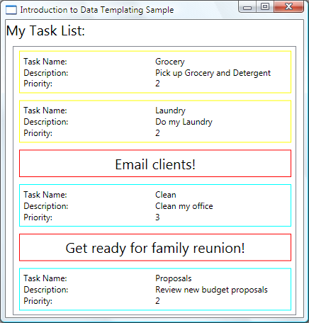 優先度 1 のタスクが赤い枠線で目立つように表示されている [My Task List ListBox] を示す [Introduction to Data Templating Sample]\(データ テンプレートサンプルの概要\) ウィンドウのスクリーンショット。