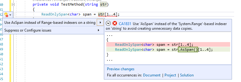 「CA1831 : 該当する場合、文字列に範囲ベースのインデクサーの代わりに AsSpan を使用します」に対するコード修正