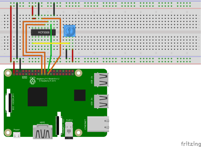 MCP3008 ADC とポテンショメーターがある回路を示す Fritzing 図