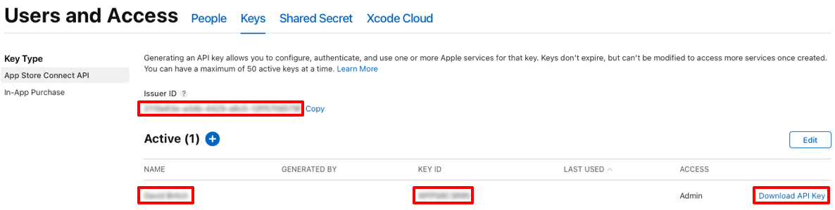 Apple App Store Connect API の詳細のスクリーンショット。