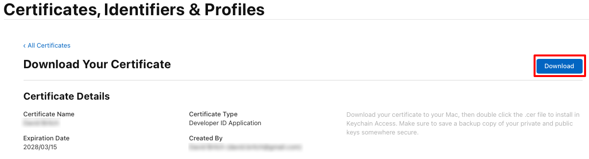 Developer ID アプリケーション証明書をダウンロードします。