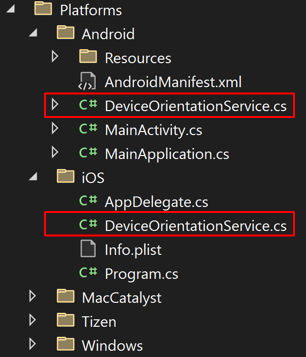 Platforms フォルダー内の DeviceOrientationService クラスのスクリーンショット。
