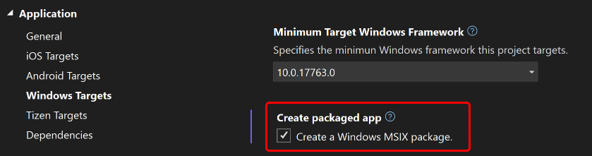 Visual Studio でオンになっている Windows MSIX パッケージの作成のスクリーンショット。