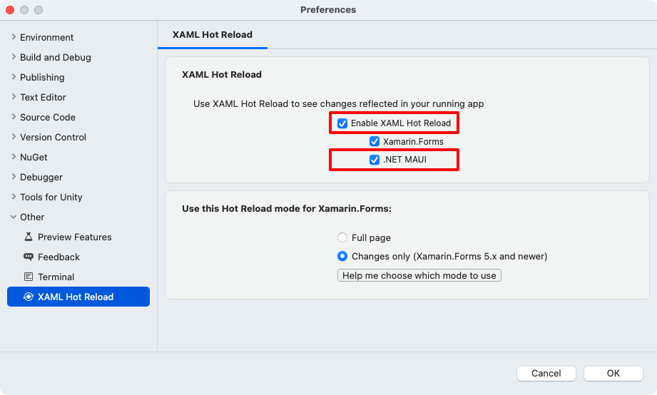 Visual Studio for Mac での .NET MAUI の XAML ホット リロード オプション