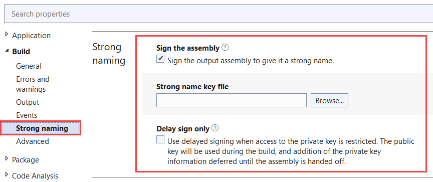 Visual Studio 2022: プロジェクトのプロパティ、ビルドの厳密な名前付けセクション。