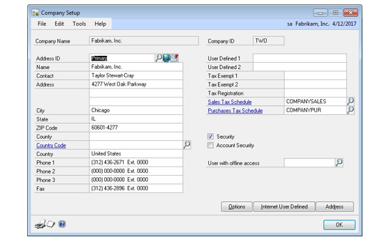 Screenshot of the Company Setup window. The fields have been entered for the company Fabrikam, Inc.