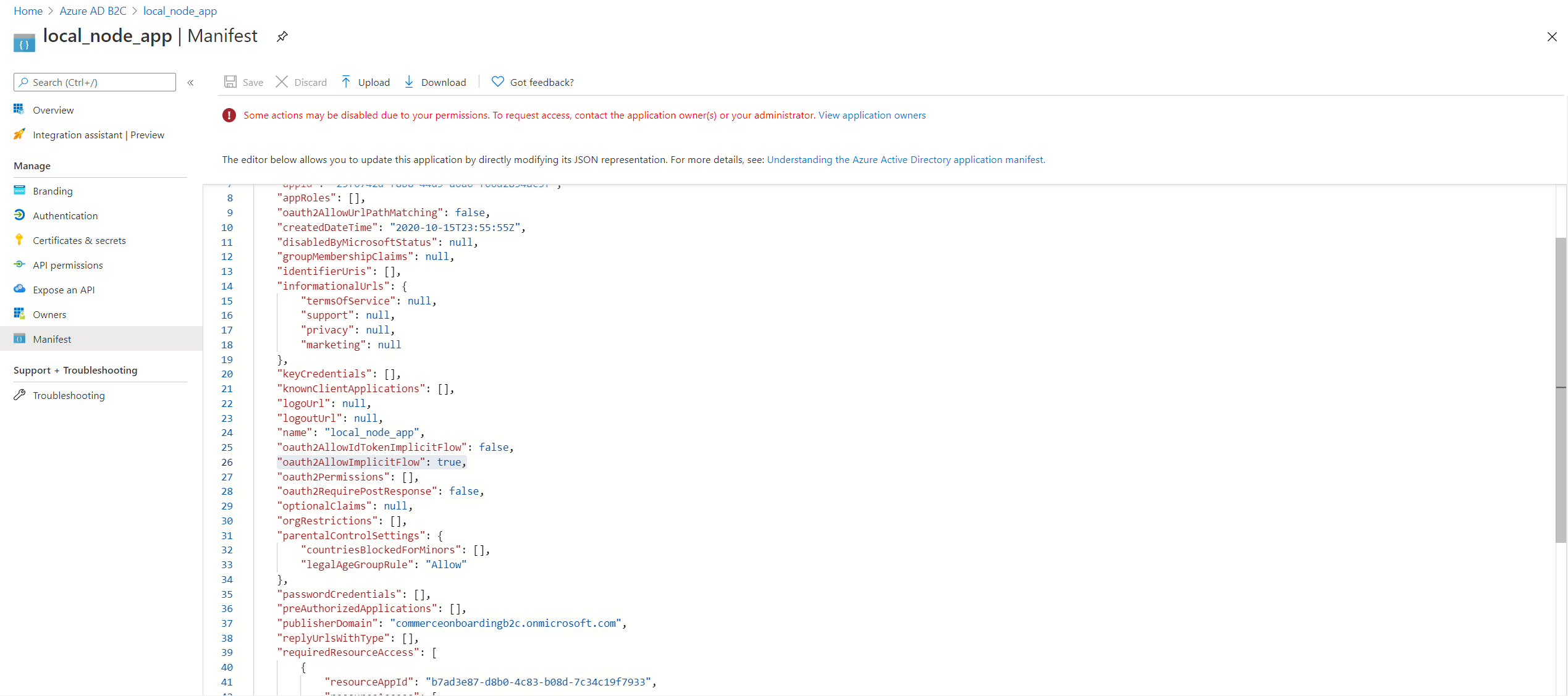 ローカル Node アプリ マニフェスト。