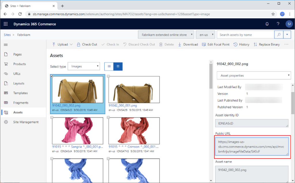 Dynamics 365 Commerce のパブリック URL フィールド。