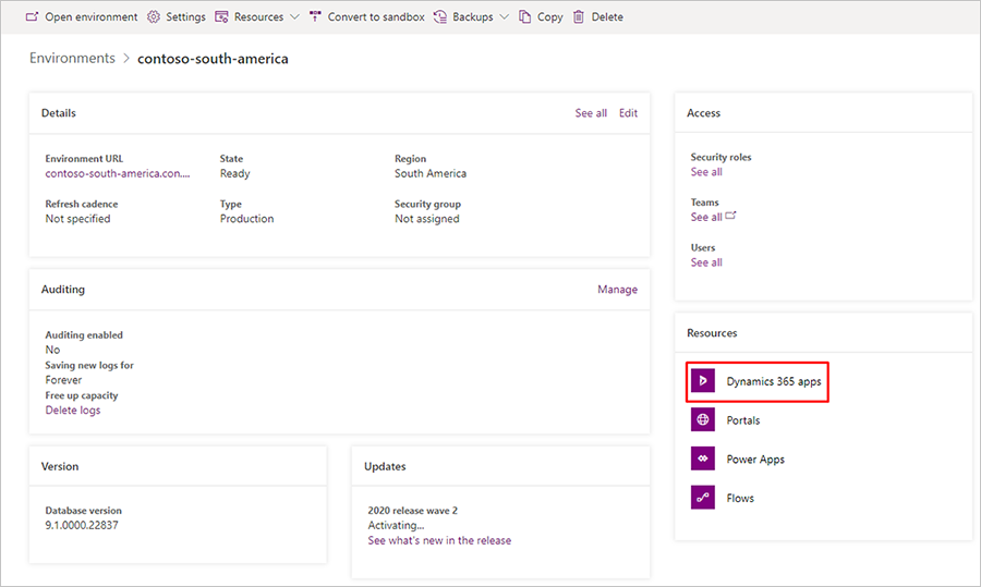 環境内の Dynamics 365 アプリを選択します。