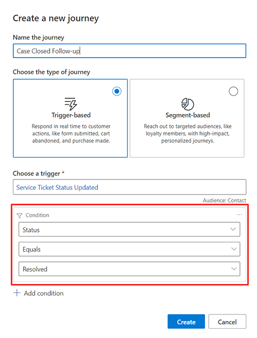 Dataverse トリガーを使用してジャーニーを作成するスクリーンショット。