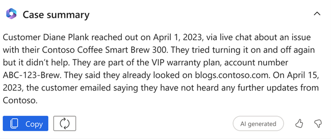 Copilot のケースサマリーのスクリーンショット。