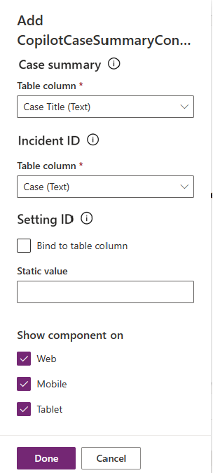 Power Apps copilotcasesummarycontrol コンポーネント ライブラリのスクリーンショット。