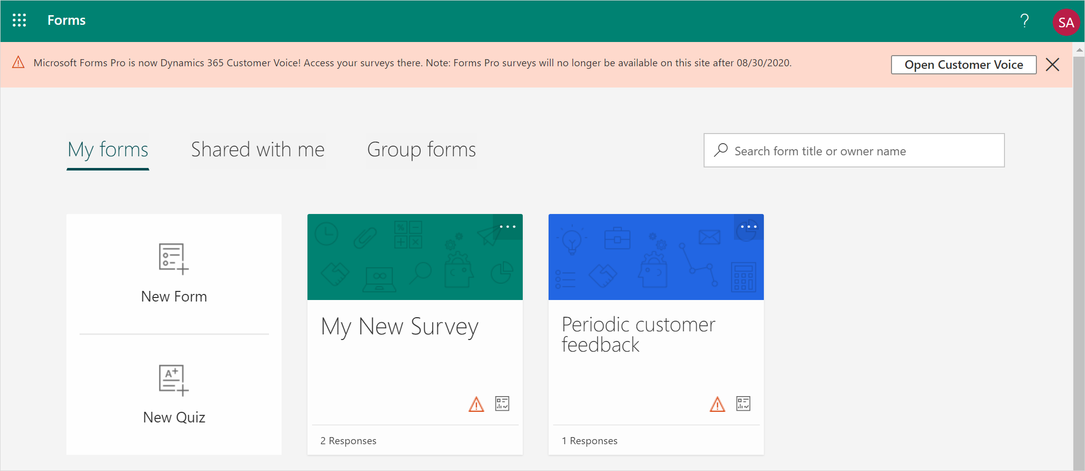 Forms Pro が Dynamics 365 Customer Voice になったという情報を含むメッセージ バー。