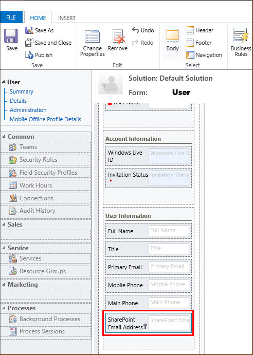 ユーザーフォームで SharePoint のメール アドレス フィールドを追加します。