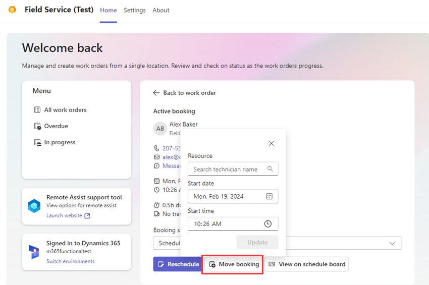 予約の移動が強調表示された Field Service Teams のスクリーンショット