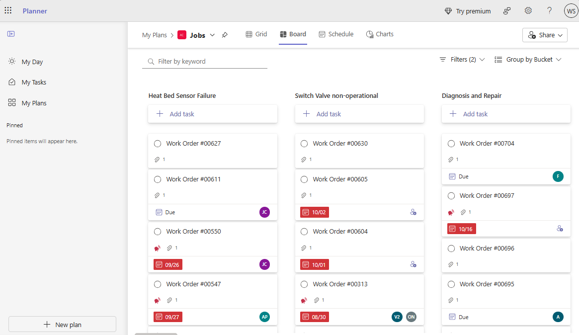 作業指示書の種類がバケット化された Planner のボードのスクリーンショット。