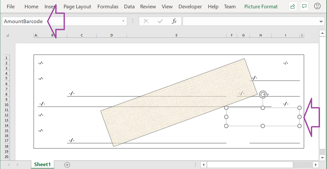 Excel テンプレートの AmountBarcode 要素。