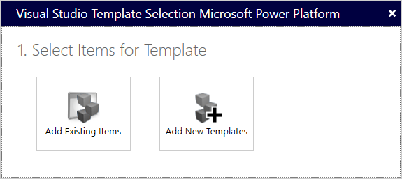 Visual Studio テンプレートの選択 Microsoft Power Platform ダイアログ ボックスで新しいテンプレートを選択して追加します。