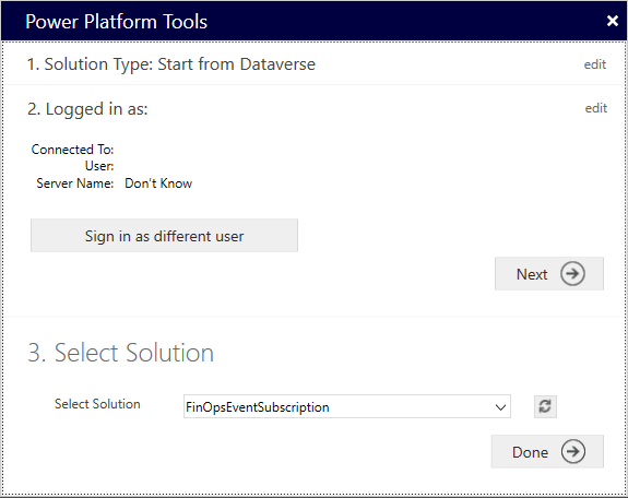 Power Platform Tools ダイアログ ボックスでソリューションを選択しています。