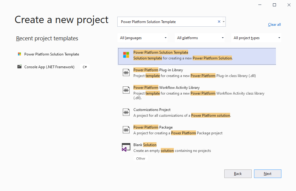 新しいプロジェクトを作成するダイアログ ボックスで Power Platform ソリューション テンプレートを選択しています。