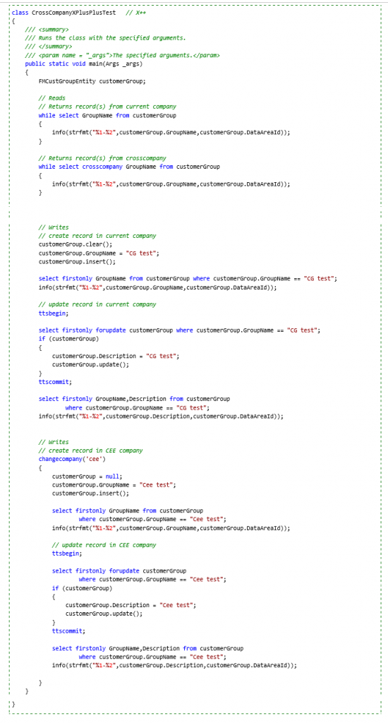 X++ コード例は FMCustGroupEntity にアクセスします。