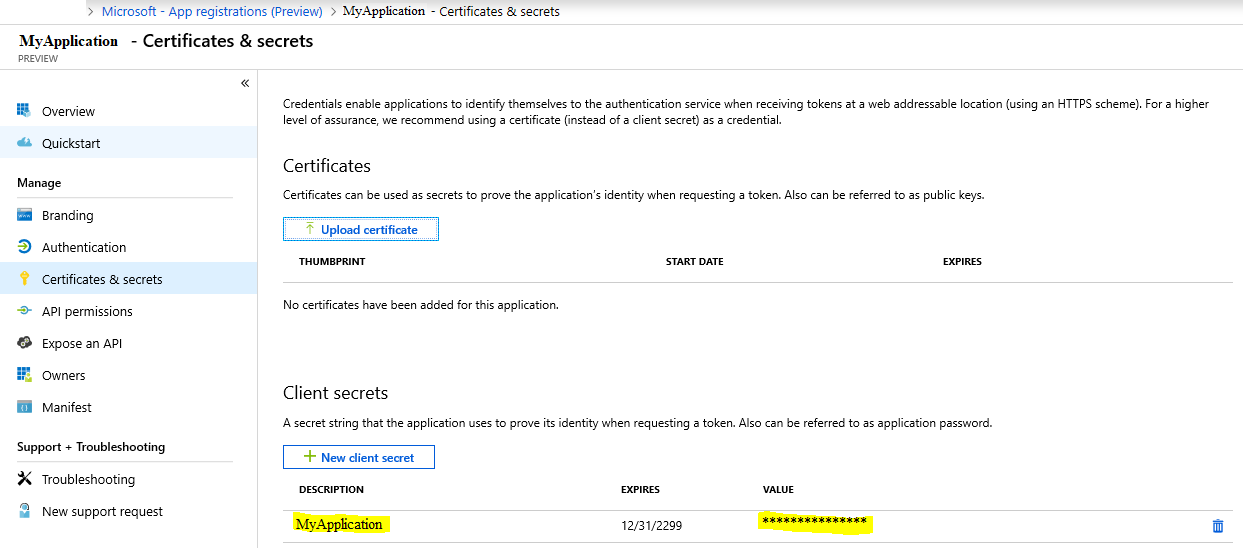 Azure ポータル内のアプリケーション用シークレット値。