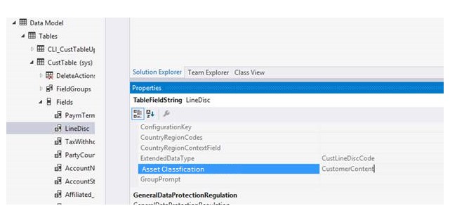 プロパティの AssetClassification フィールドを示すソリューション エクスプローラー。