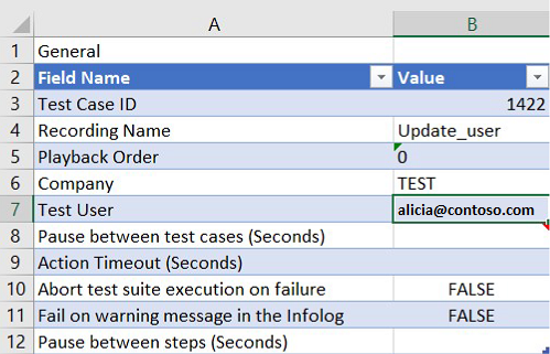 Excel パラメーター ファイルの一般タブ。