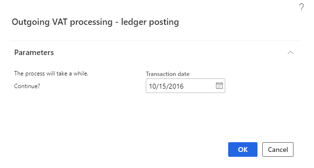 Outgoing VAT processing - ledger posting dialog box.