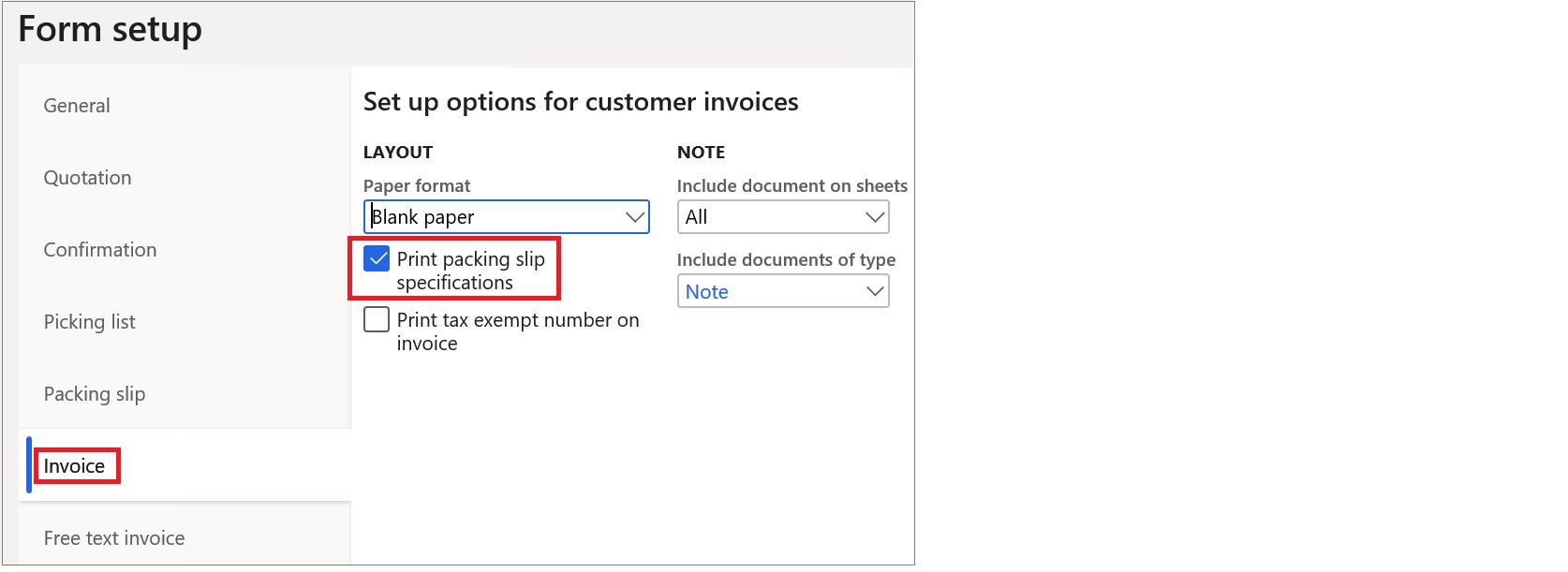 Configuring packing slip specification.