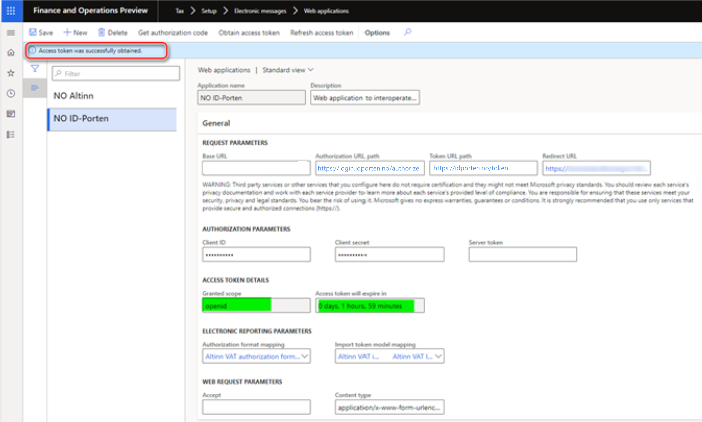 Granted scope and Access token will expire in fields updated for the NO ID-Porten web application on the Web applications page.