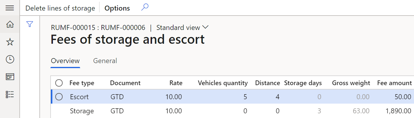 Fees of storage and escort page.